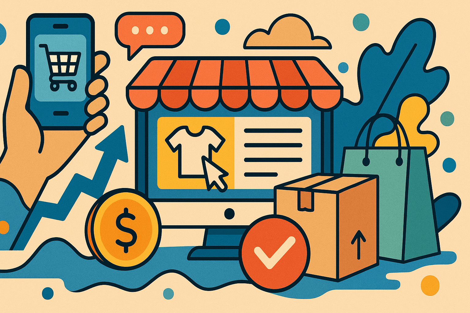 Animated cartoon of selling online stores, coins, check, boxes, bags, bubbles, clouds
